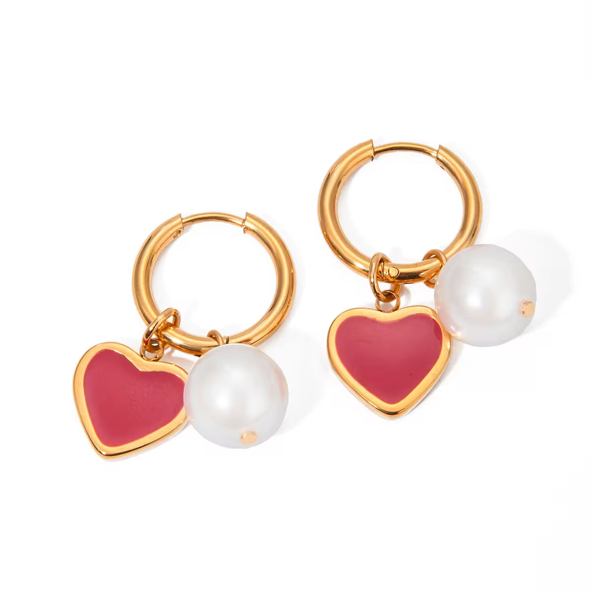 J&D Cute Stainless Steel Girls 18K Gold Earrings Pink White Heart and Pearl Charms Huggie Earrings