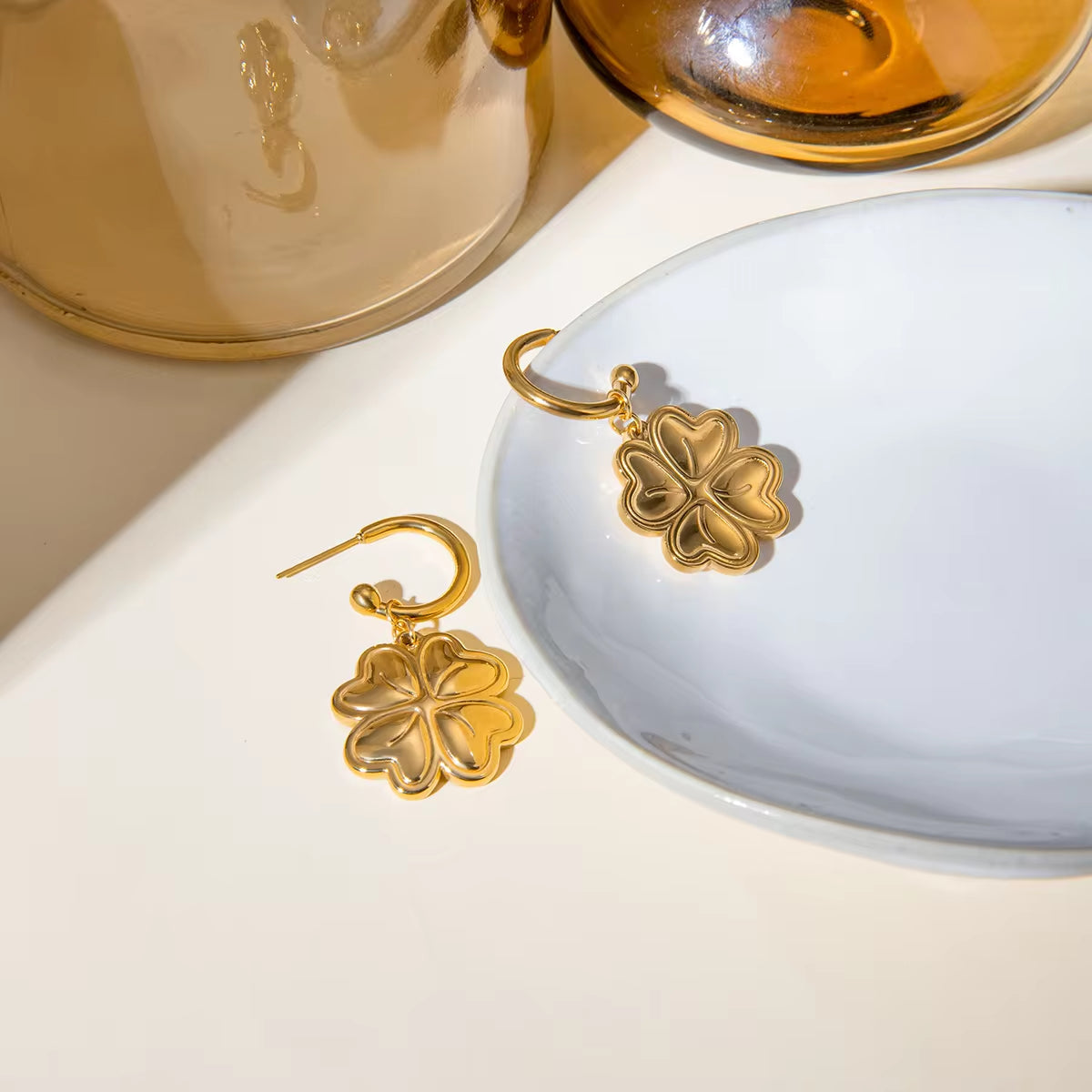 J&D Dainty Party Jewelry Stainless Steel Gold Plated Earrings Women Lucky Four Leaf Pendant Earrings